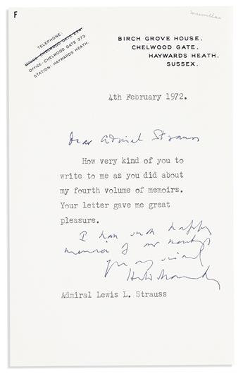 (PRIME MINISTERS--UK.) MACMILLAN, HAROLD. Small archive of 4 Typed Letters Signed, to Admiral Lewis Strauss,